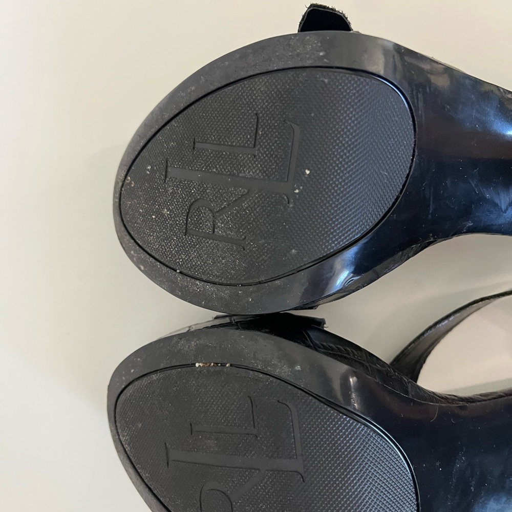 Ralph Lauren Black Croc-Embossed Leather Platform Heels with Gold Buckles - Picture 7 of 9